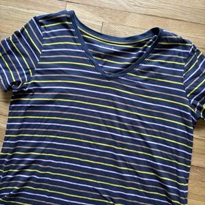 Pact ORGANIC COTTON Top Women's L T-shirt Multi Color Strips Short Sleeve V Neck